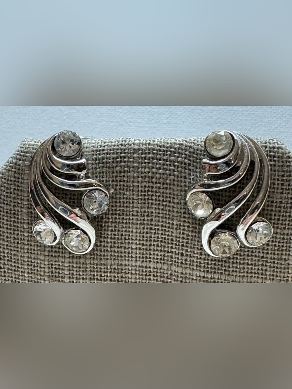 Crown Trifari Silver-Tone Rhinestone Clip Earrings